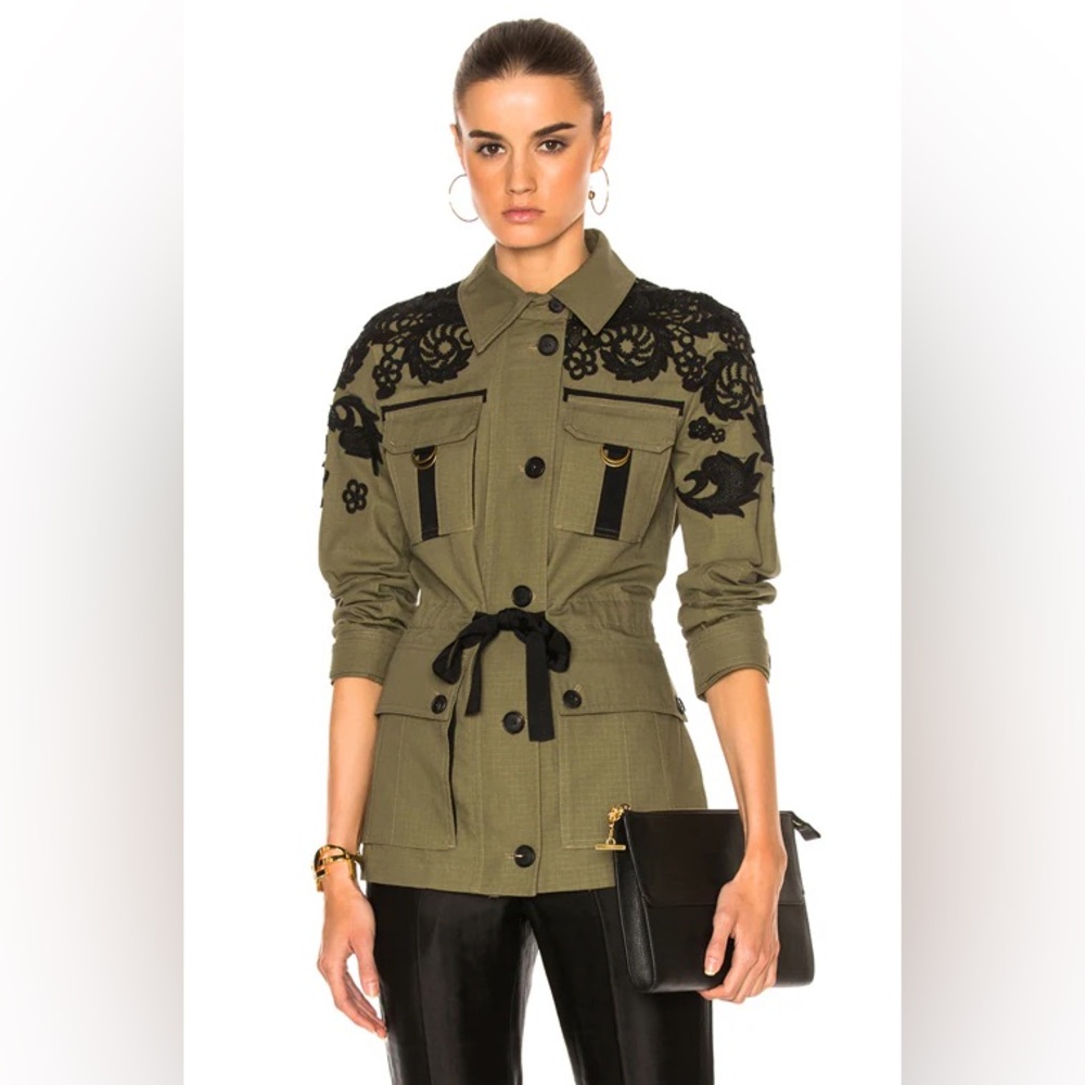 NWOT Veronica Beard Heritage Utility Jacket With Lace in Army Green Size 10.